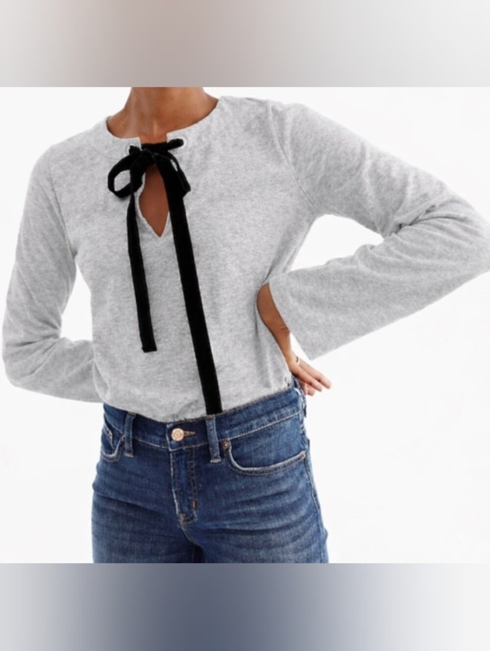 J. Crew 100% Cotton Light Gray Long-Sleeve Tie-Neck Top with Black Velvet Ribbon
